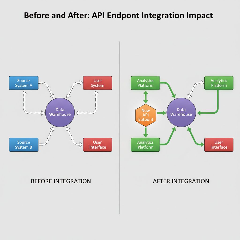 API 엔드포인트 통합 전후의 시스템 아키텍처를 비교하는 다이어그램으로, 왼쪽에는 데이터 웨어하우스를 중심으로 소스 시스템과 사용자 시스템이 연결된 통합 이전 상태가, 오른쪽에는 새로운 API 엔드포인트가 추가되어 분석 플랫폼과 직접 통신하는 통합 이후 상태가 표시되어 있습니다