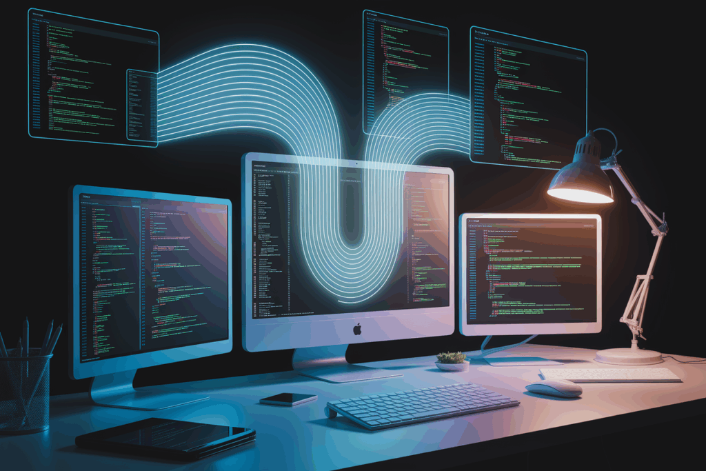 다중 모니터에서 실시간 코드 데이터가 흐르는 개발 환경