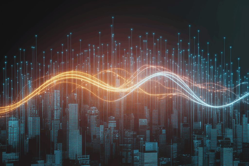 도심 위로 흐르는 디지털 데이터 파동 시각화