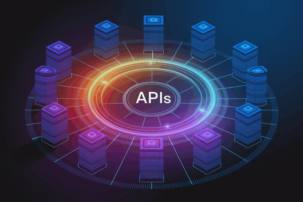 중앙 API 허브와 연결된 디지털 서버 네트워크