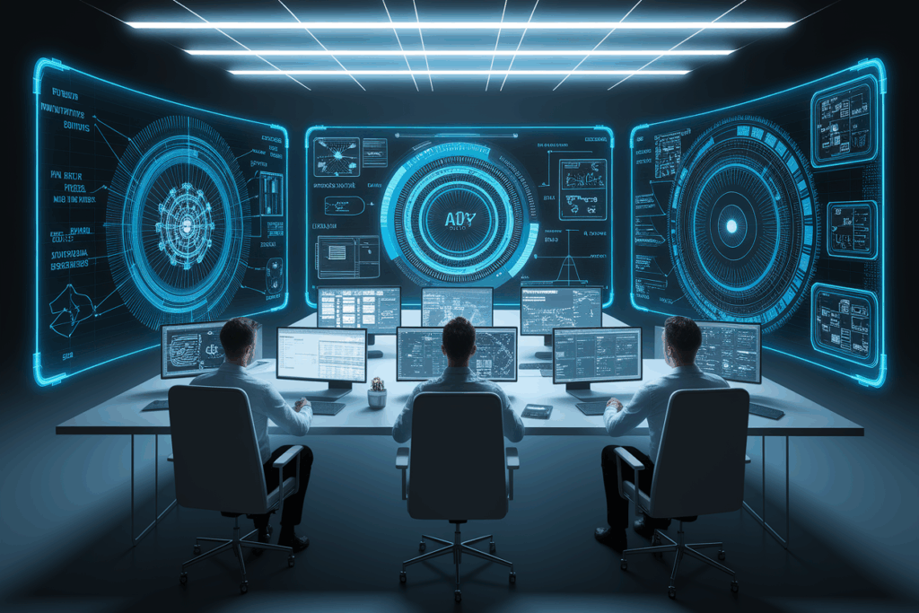 대형 스크린 앞에서 데이터 보안 시스템을 운영하는 팀