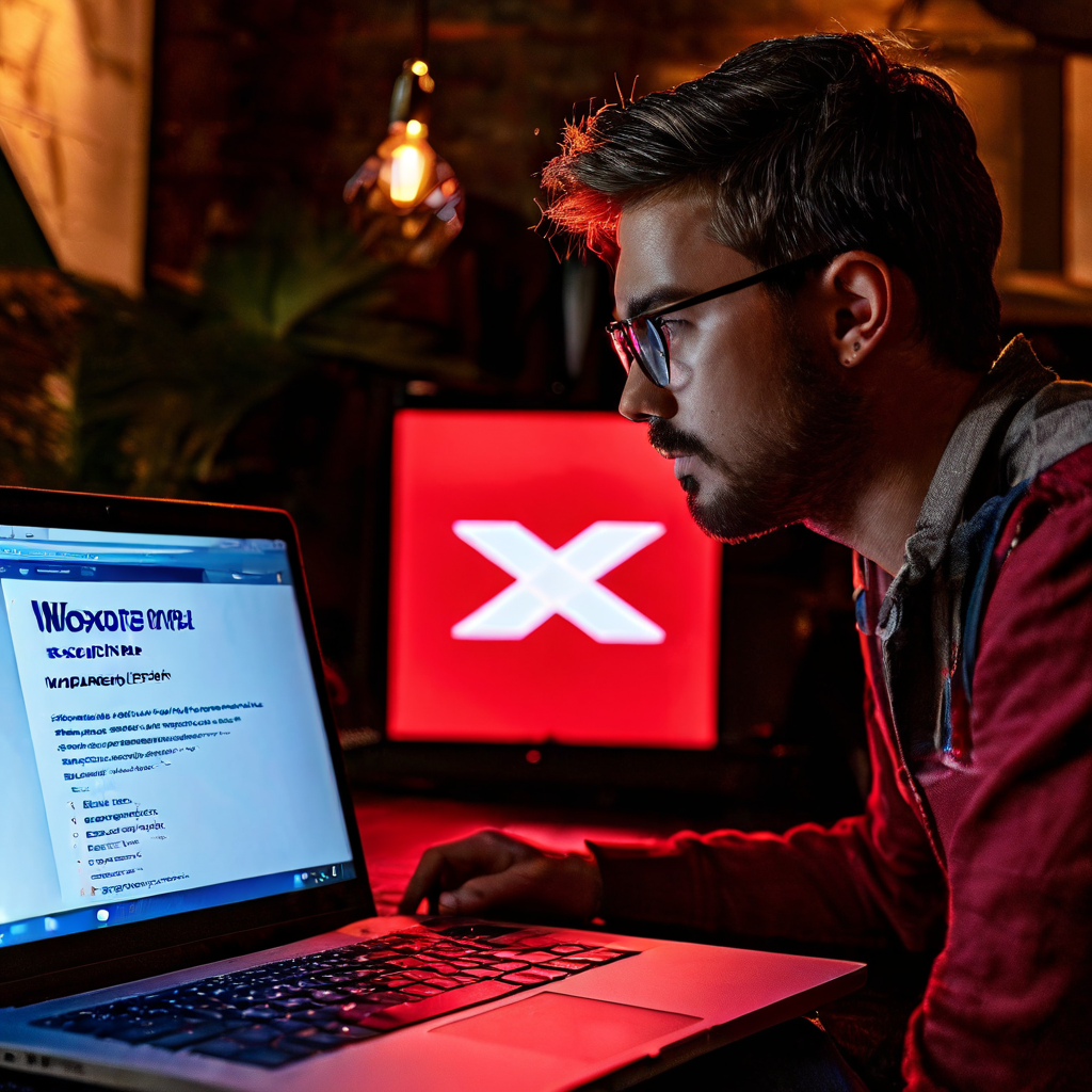 빨간색 X 표시가 있는 Windows 11 설치 오류 메시지가 노트북 화면에 떠 있고, 이를 바라보며 당황한 사용자의 모습이다.