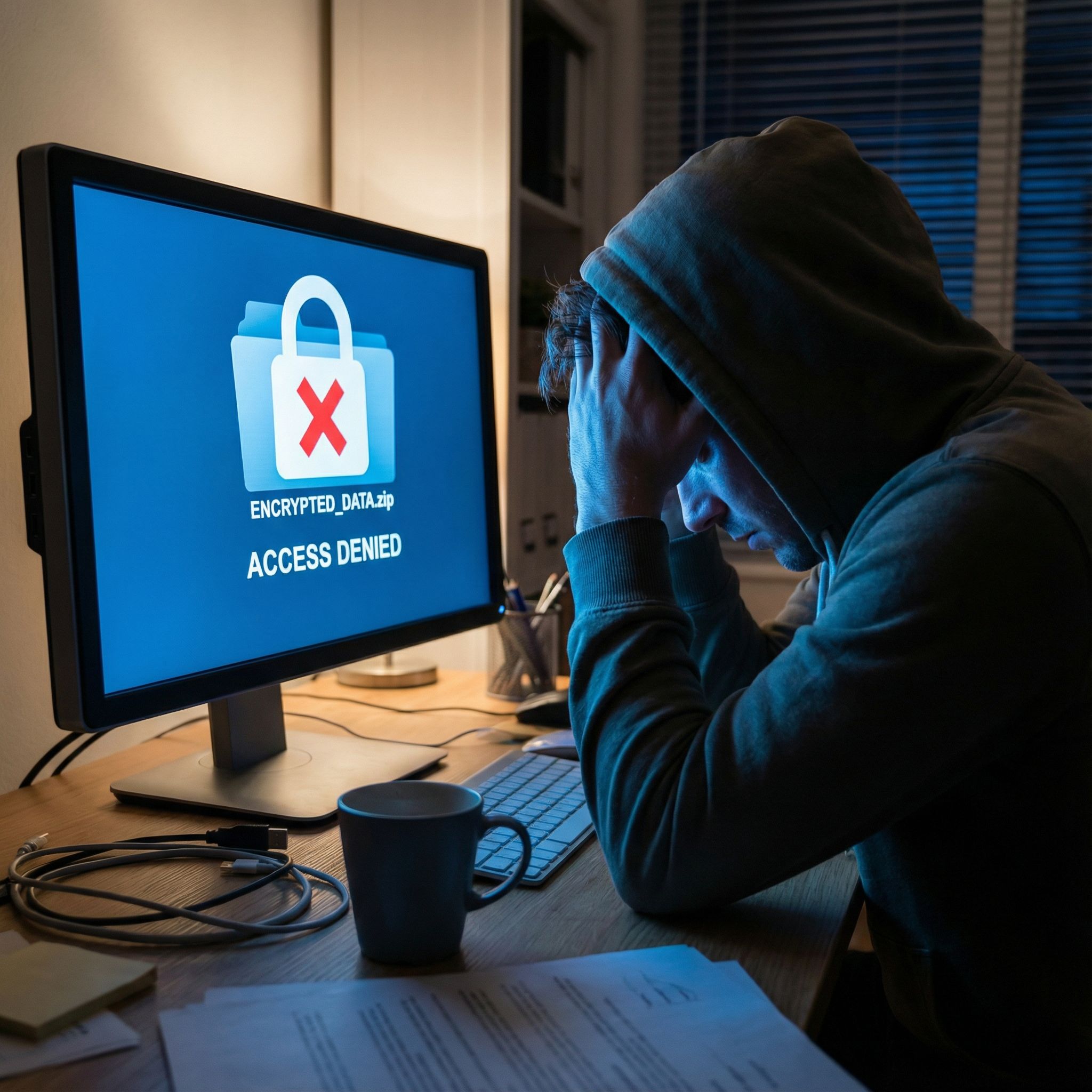컴퓨터 화면에 자물쇠와 빨간색 X 표시가 된 잠긴 파일 아이콘이 떠 있고, 그 빛에 얼굴이 비친 사용자가 책상 앞에서 당황한 표정을 짓고 있다.