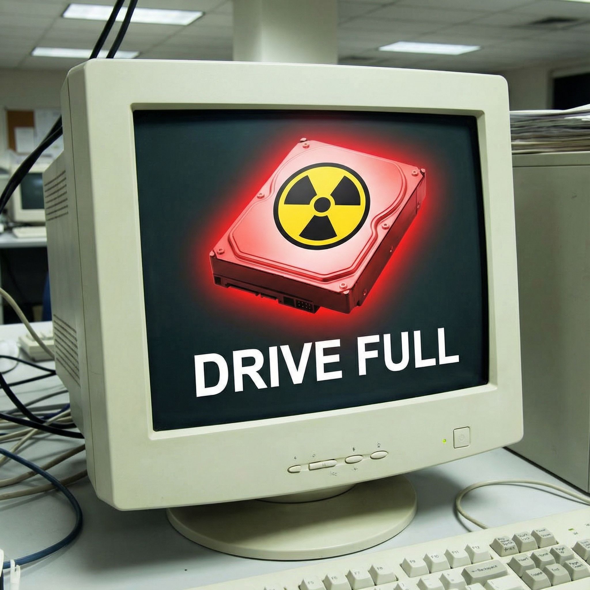 컴퓨터 화면에 빨간색 하드 드라이브 아이콘과 함께 경고 표시 및 드라이브 용량 부족 문구가 표시된 모습이다.