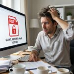 화면에 거대한 PDF 파일 아이콘이 떠 있는 컴퓨터 앞에서 당혹스러운 표정을 짓고 있는 사람의 모습이다.