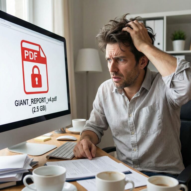 화면에 거대한 PDF 파일 아이콘이 떠 있는 컴퓨터 앞에서 당혹스러운 표정을 짓고 있는 사람의 모습이다.