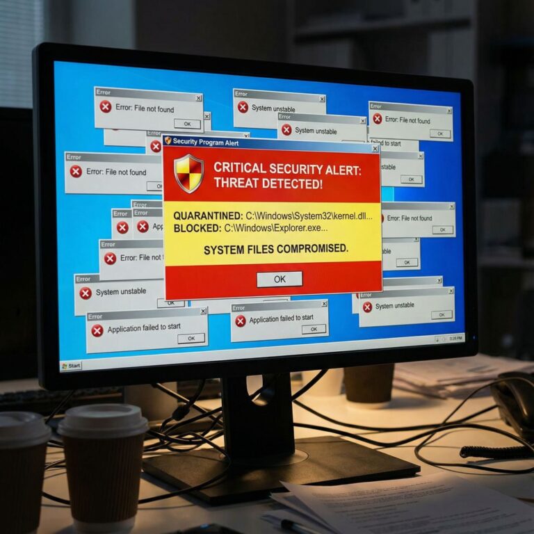 파란색 화면에 빨간색 보안 경고창이 떠 있으며, 시스템 파일 차단 메시지와 오류 팝업이 여러 겹으로 겹쳐 있습니다.