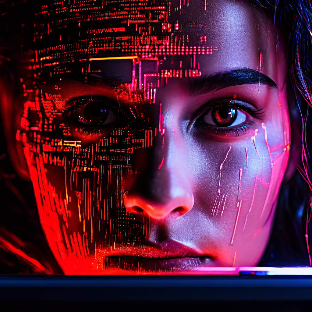 컴퓨터 화면에 깨진 빛줄기와 오류 문구가 가득한 가운데, 화면에 비친 한 사람의 걱정스러운 얼굴이 보입니다.