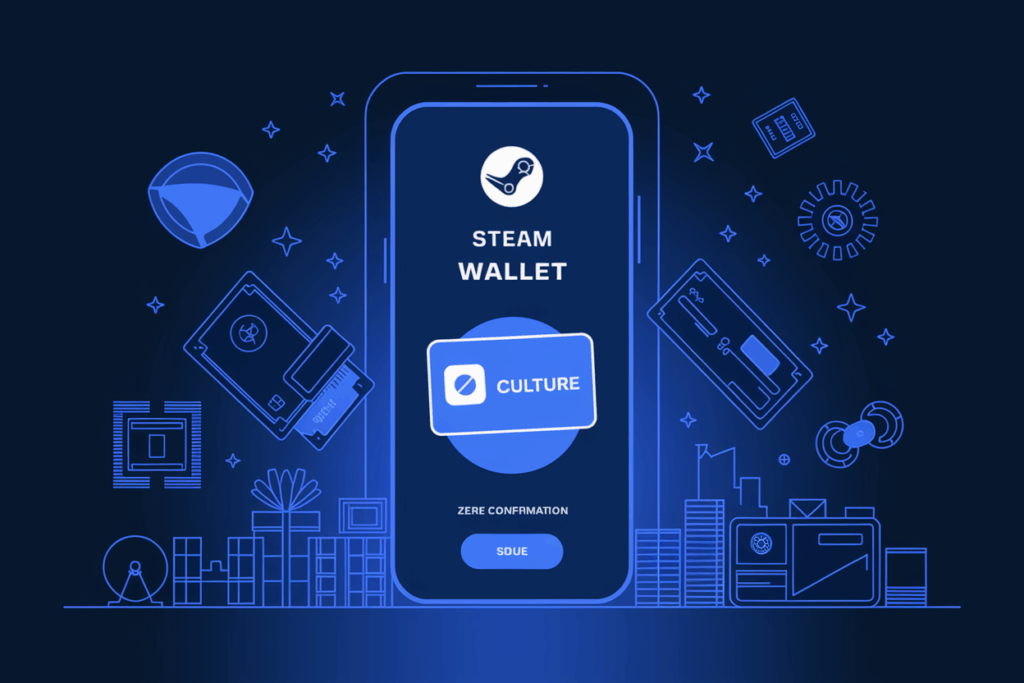 스팀 월렛 충전 화면과 함께 문화 상품권 아이콘이 강조된 디지털 일러스트