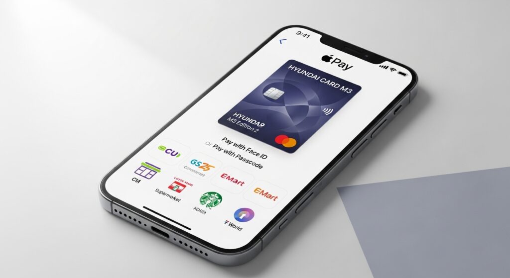 아이폰 화면에 현대카드 M3가 등록된 애플페이 결제 인터페이스