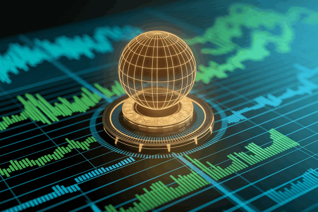 데이터 차트 위에 황금색 디지털 지구본이 떠 있는 금융 분석 콘셉트 이미지