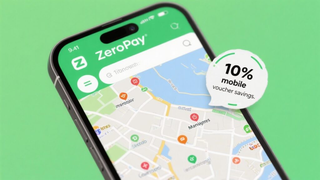 제로페이 앱 지도 화면에 모바일 바우처 10% 할인 배지가 표시된 스마트폰 이미지