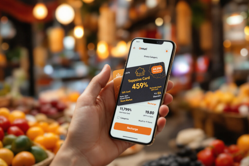 시장 풍경 속에서 온누리 앱의 높은 적립률 토포인 카드 정보가 표시된 스마트폰 화면