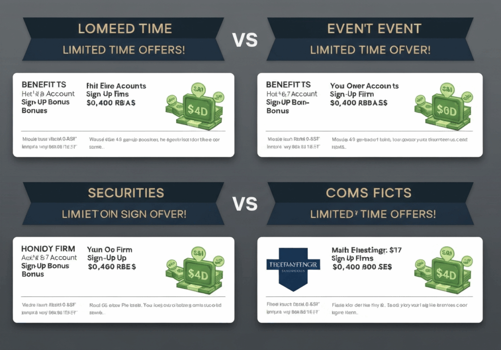 한정 혜택과 가입 보너스를 비교한 네 개의 프로모션 박스 디자인