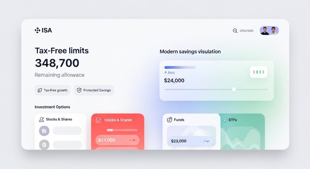세제 혜택 한도와 투자 옵션이 정리된 ISA 절세 계좌 대시보드 UI